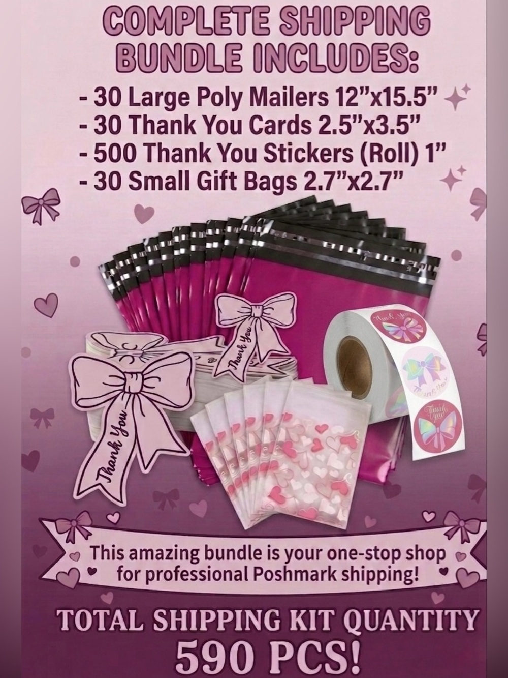 590pcs Shipping Bundle: 30 L Poly Mailers, 30 Gift Bags, 30 Cards & 500 Stickers